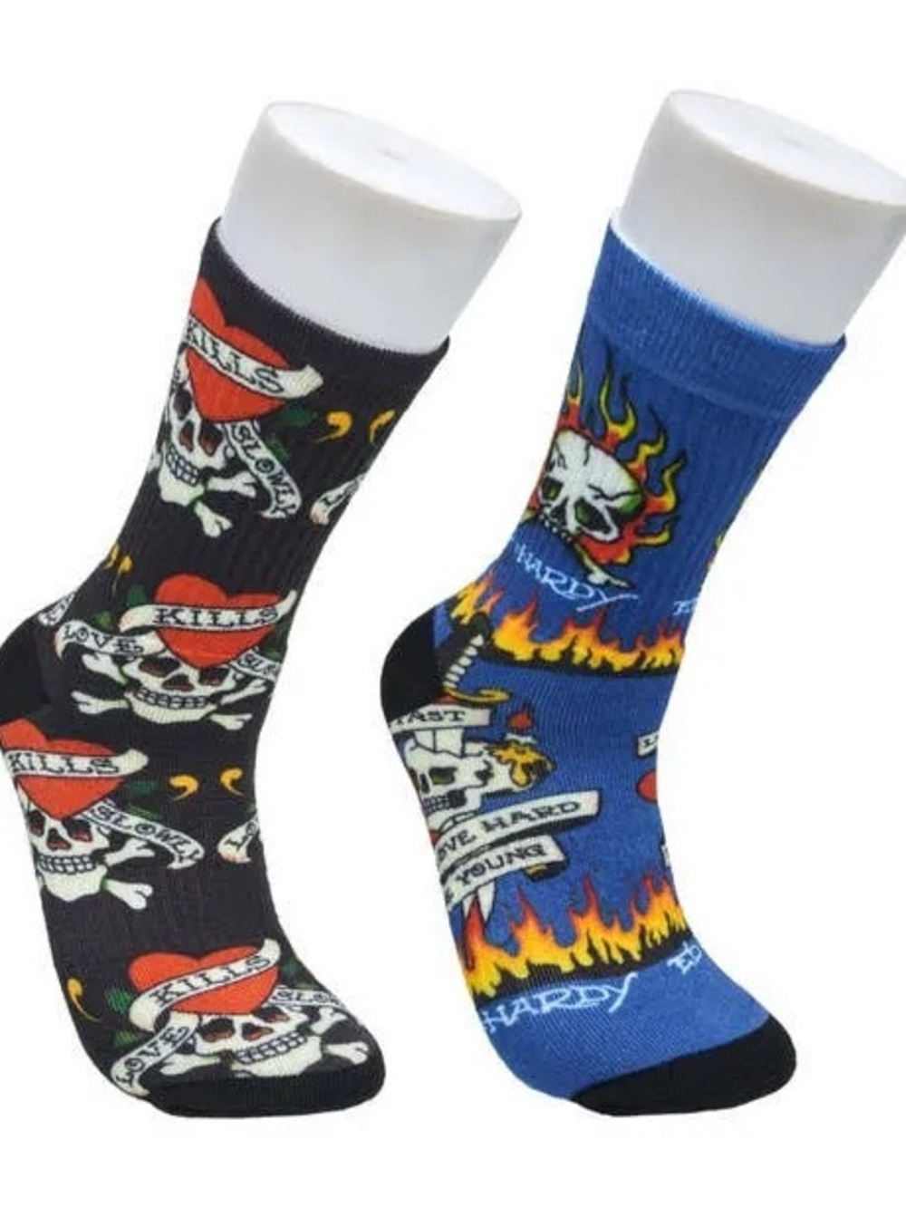 Ed Hardy Blue & Black Skull and Flame Crew Socks - Tattoo Graphic 2-Pack